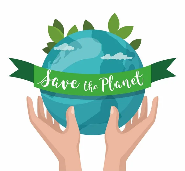 Mão segura a terra. Salve o conceito Planeta. Cartaz ambiental — Vetor de Stock