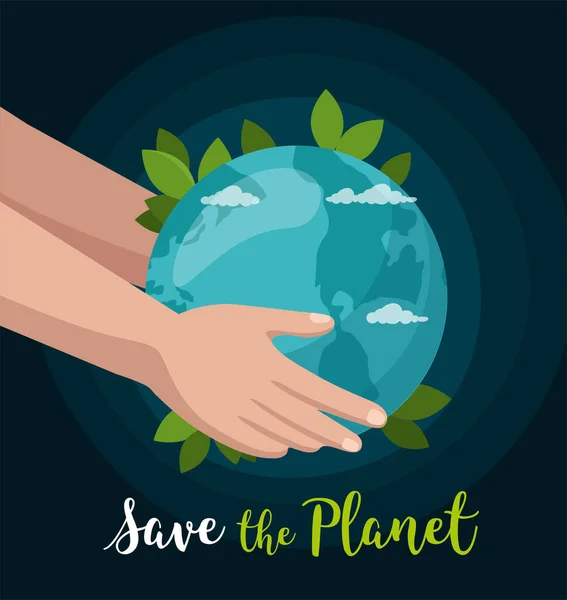Mão manter o globo terrestre isolado no espaço. Salve o conceito Planeta. Cartaz ambiental — Vetor de Stock