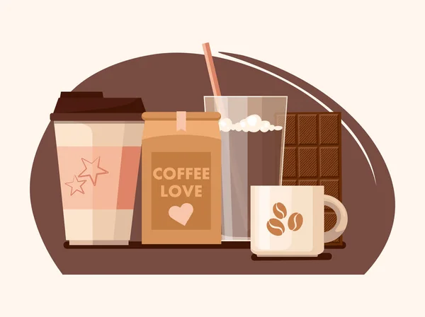 Tasse à emporter, tasse, grains de café avec une boisson chaude et chocolat. — Image vectorielle