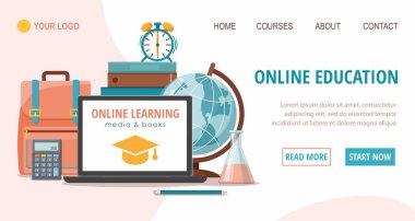 E-öğrenim ve eğitim web sitesi tasviri. Okul malzemeleri. Okula dönmek, eğitim kavramı..