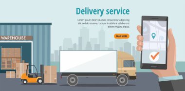 Depo Lojistik ve teslimat servisi. Mal takibi ve siparişi için mobil uygulamalı akıllı telefon..