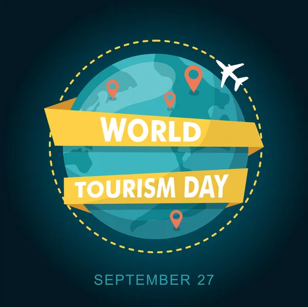 World Tourism Day. Planet earth with map and airplane. — Stock Vector