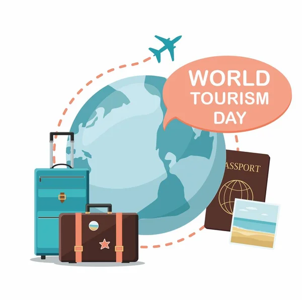 World Tourism day lettering celebration with earth planet and suitcases. — Stock Vector