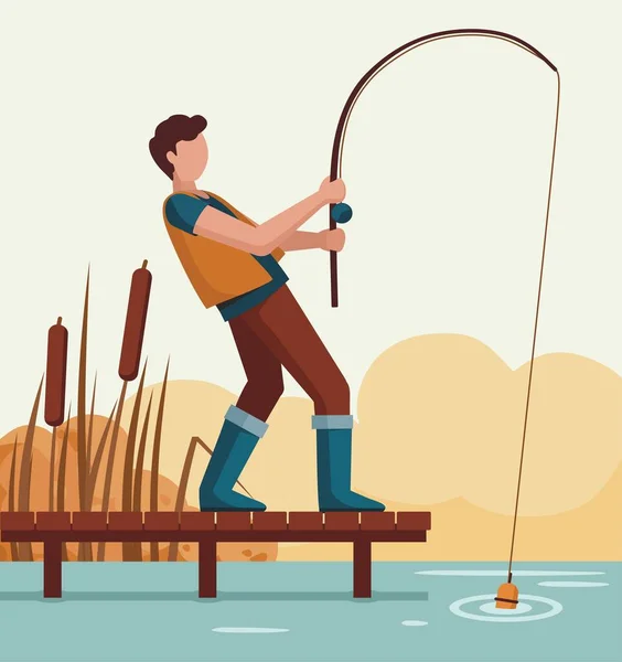 Man vissen op een meer op een houten steiger. Visser. — Stockvector