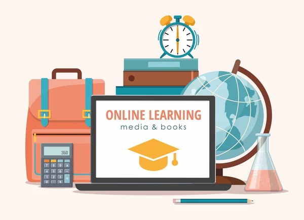 Concept d'apprentissage et d'éducation en ligne. Des fournitures scolaires. Retour à l'école. — Image vectorielle