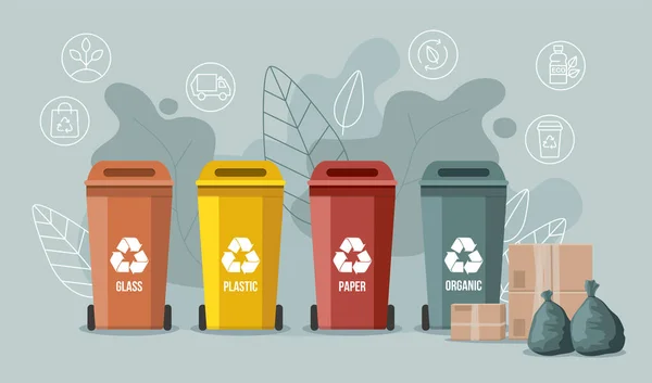 Atık ayıklama. Çöp konteynerleri. Organik, e-atık, plastik, kağıt, cam ve metal çöp kutuları. Çöp geri dönüşümü