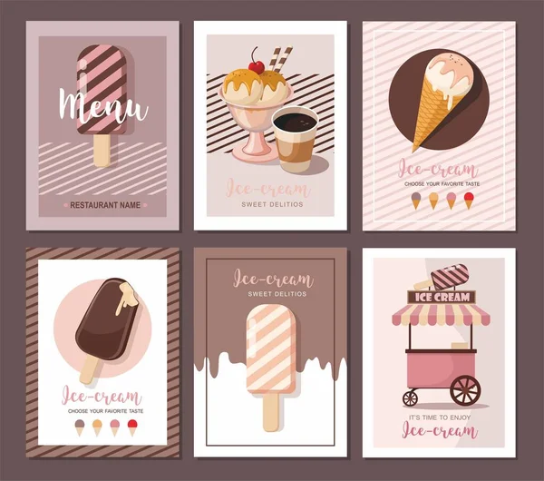 Ice cream shop cards. Sweet food desserts. Set of flyer collection, banner shop, dessert. — Stock Vector