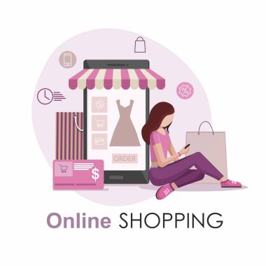 Kıyafet alışverişi. Akıllı telefon, alışveriş çantası, kredi kartı ve kadın. Dijital pazarlama kavramı.