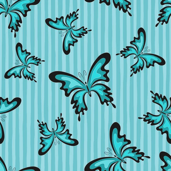 Mavi çizgili arka planda soyut kelebekler. Vektör Dikişsiz Desen