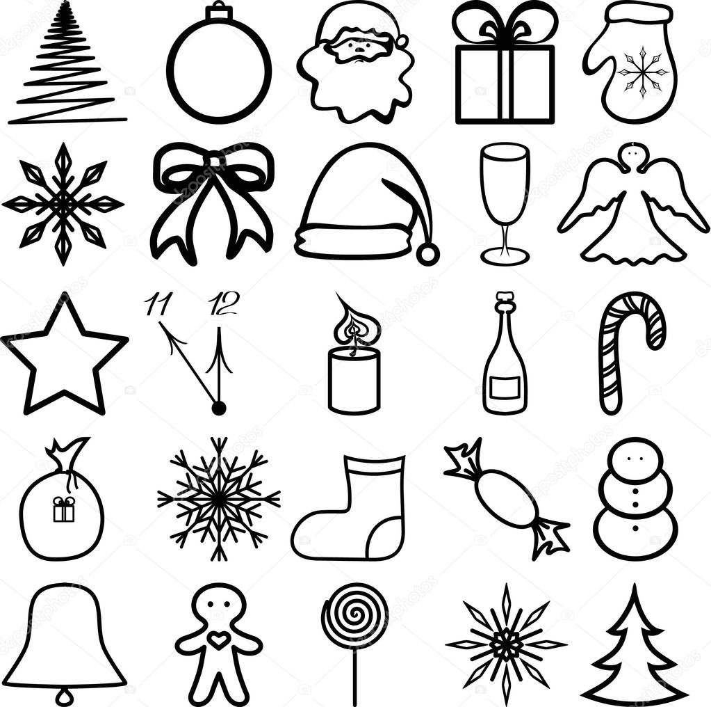 New Year, Christmas elements and icons.Vector design. Black on a white background. Used for greeting cards, banners, logos.Usable for holiday design