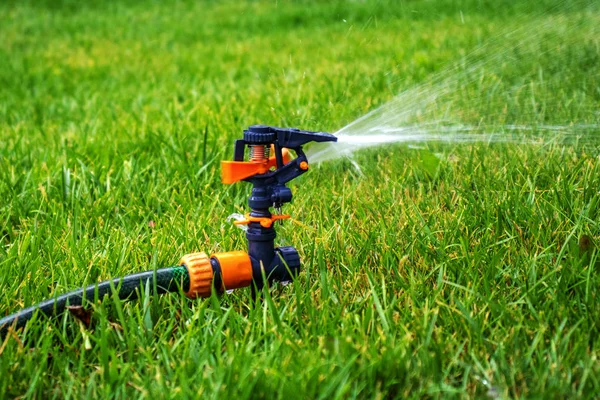 Yağmurlama. Yeşil çim arka planda otomatik sulama sistemi. Çim sulama sistemi. Tazelik konsepti