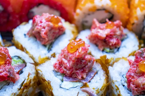 Sushi Satte Upp Närbild Fotografering Traditionella Rätter Livsmedelsidé — Stockfoto