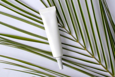 Yeşil bitkisel yapraklı kozmetik şişe kapları, markalaşma için boş etiket, doğal güzellik ürünü konsepti.