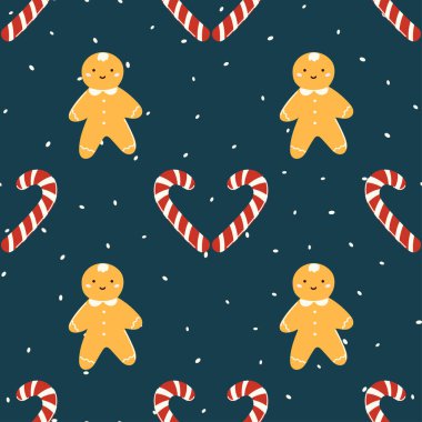 Çubuk şeker ve zencefilli kurabiyeli kusursuz Noel vektör deseni. Şenlikli ambalaj kağıtları, tekstil, duvar kağıtları ve tatil el sanatları için mükemmel..