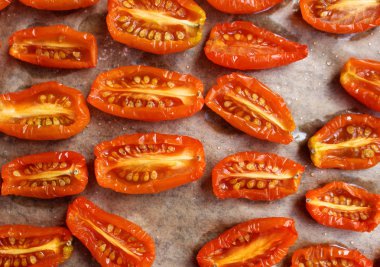 Kurutulmuş domates, üstten görünüm gıda arka plan