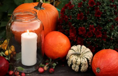 Dekoratif halloween pumpkins ve mumlar. Sonbahar konsepti.