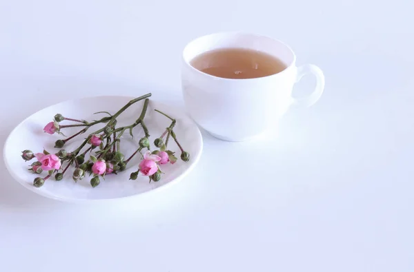 Una taza de café caliente sobre fondo de madera blanca. Estacional, café de la mañana, el domingo relajarse y el concepto de naturaleza muerta. Lugar libre para el texto . —  Fotos de Stock