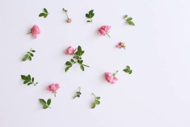 Küçük pembe güller Beyaz ahşap masa üzerinde. Nazik Romantik arka plan. Çiçek arka plan. Üstten görünüm, düz yatıyordu. Çiçekler, bahar, yaz konsepti. . Romantizm ve aşk kart kavramı. Metniniz için boş alanı.