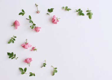 Küçük pembe güller Beyaz ahşap masa üzerinde. Nazik Romantik arka plan. Çiçek arka plan. Üstten görünüm, düz yatıyordu. Çiçekler, bahar, yaz konsepti. . Romantizm ve aşk kart kavramı, metniniz için boş alanı.