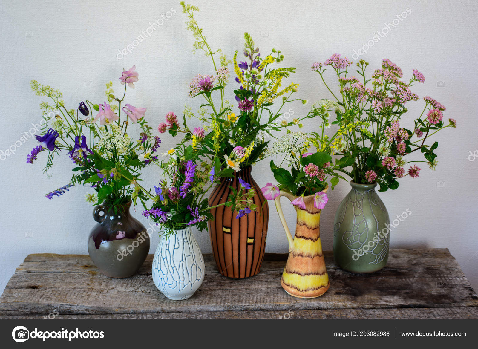 Bouquets Summer Wild Flowers Vases Wooden Table Still Life Rustic