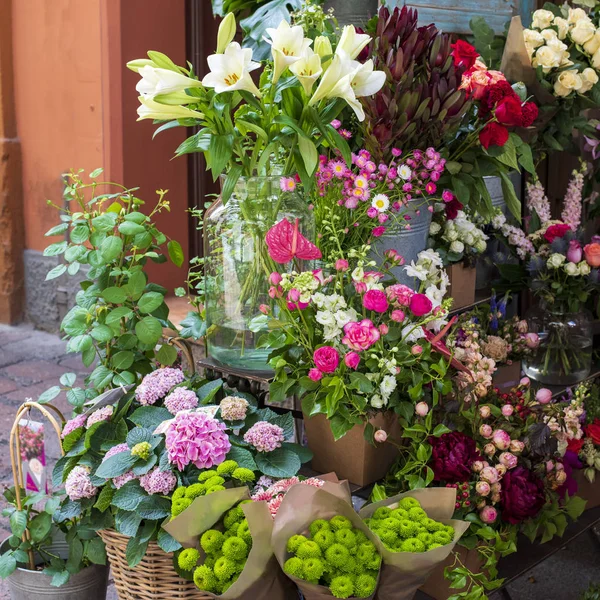 Variety Flowers Street Exhibition Flower Shop Italy Beautiful Bouquets Pink — Stock Photo, Image