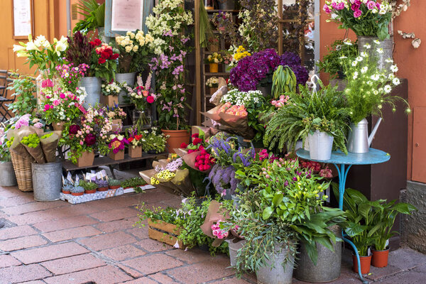 A variety of flowers on a street exhibition flower shop. Bologna, Italy.