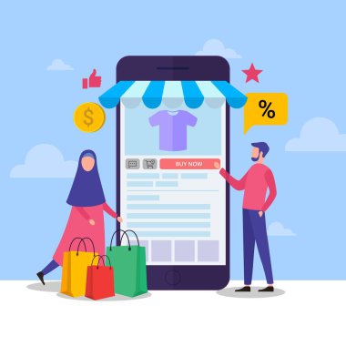 Modern daire tasarımı konsepti, dekore edilmiş küçük insan karakteriyle çevrimiçi alışveriş