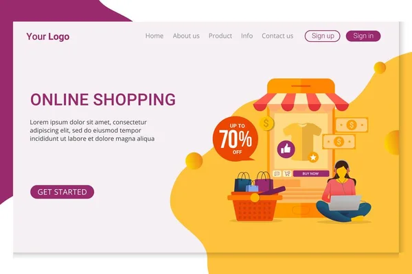 Concepto Diseño Plantilla Landing Page Compras Online Para Sitio Web — Vector de stock