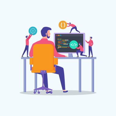 Açılış sayfası şablon vektör illüstrasyon genç programcılar Web sitesi kodu