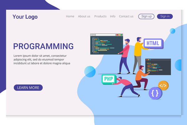 Landing page template vector illustration young programmers code the web site