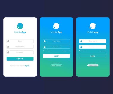 Mobil uygulamalar ve Web sitesi tasarımı için farklı modern üye oturum açma veya giriş ekranları Kullanıcı arayüzü düzenleri