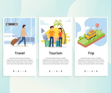 Seyahat, Turizm, Seyahat, mobil uygulama şablonları konsepti için onboarding ekranlar kullanıcı arayüz kiti Vektör Seti