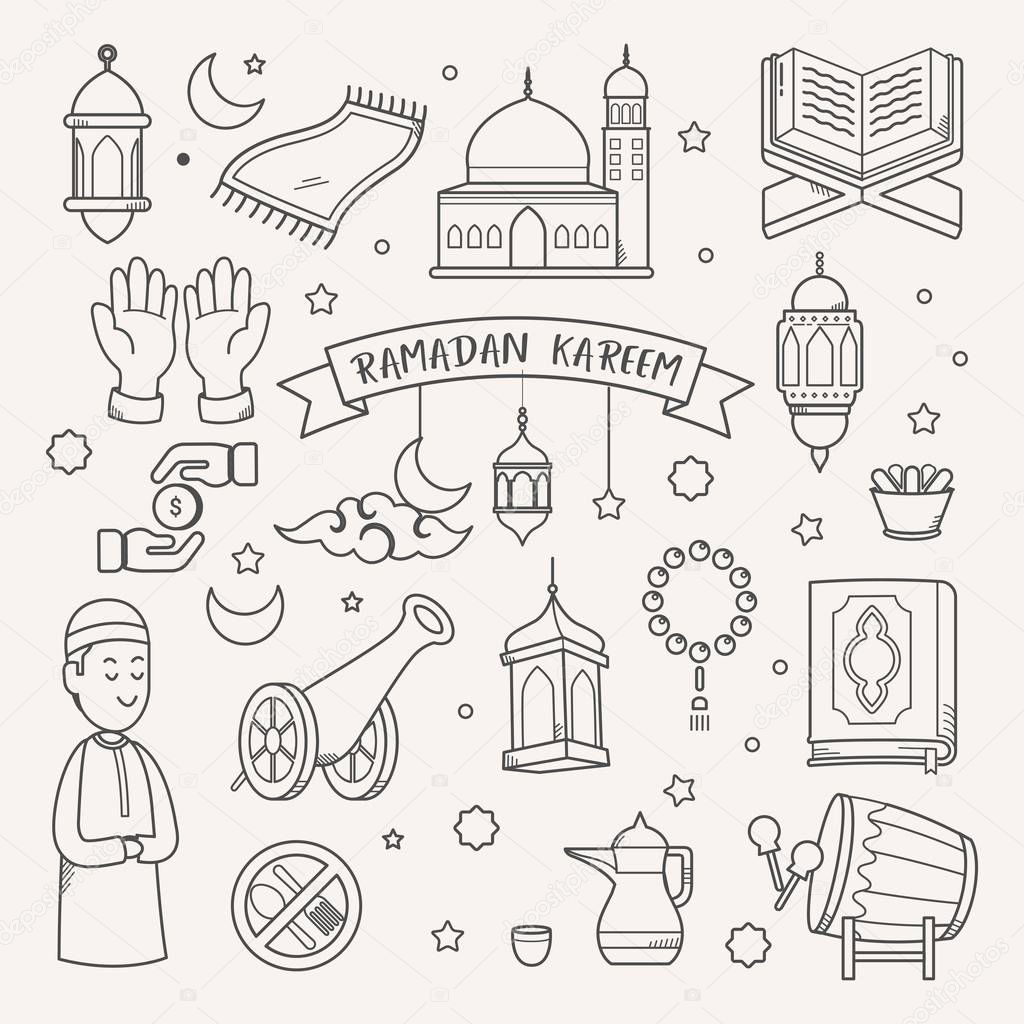 Vector illustration for the celebration of holy month Ramadan with doodle hand drawn