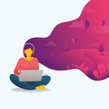 Bir kadın hayal gücüyle dizüstü bilgisayar kullanıyor.