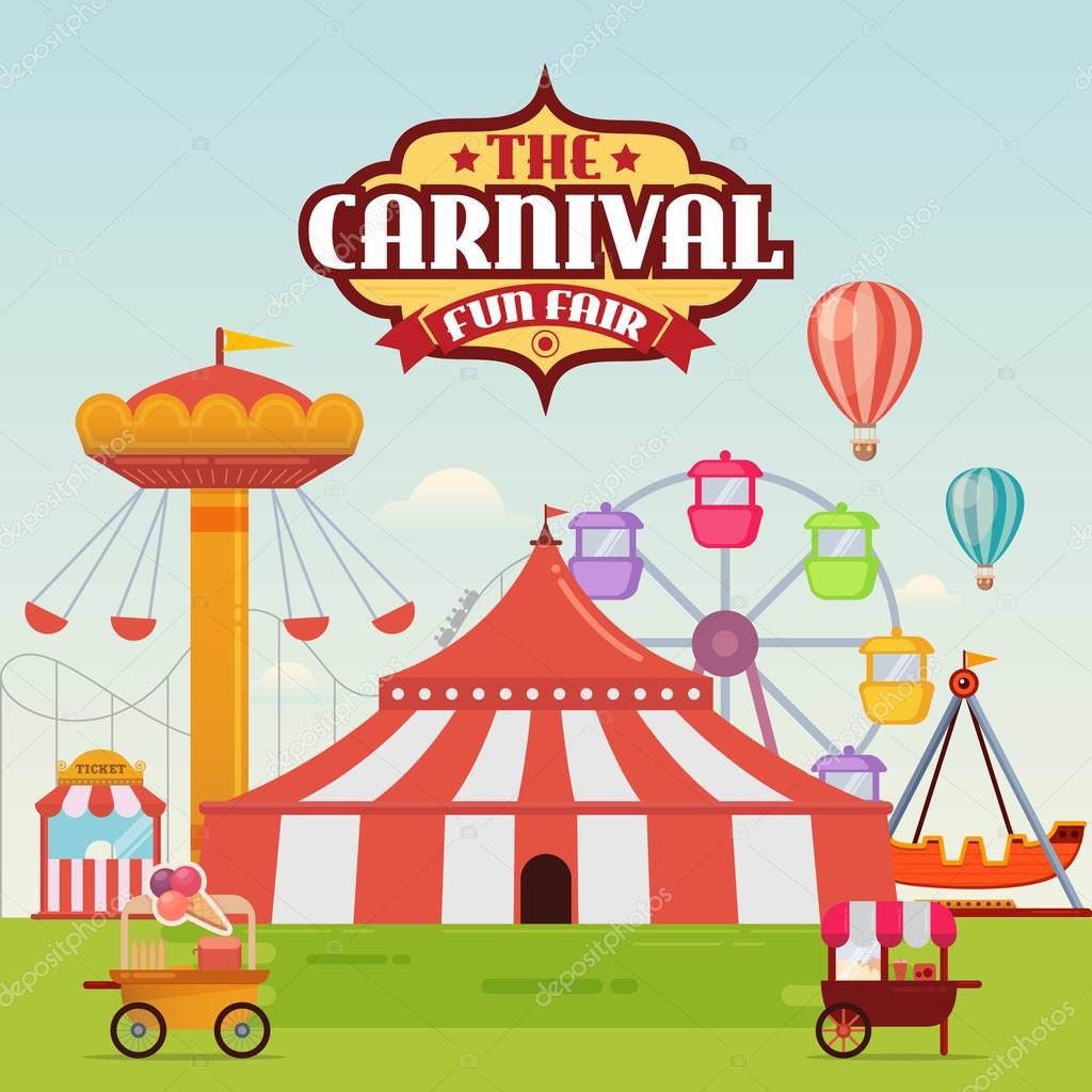 Amusement park with circus tent, carousels and roller coaster vector illustration