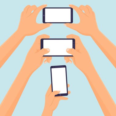 Eller Selfie ve fotoğraf Boş şablon Vektör illüstrasyon alarak akıllı telefon tutun