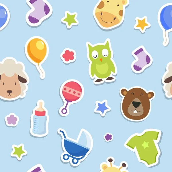 Baby Theme Seamless Pattern Animal Baby Equipment Stickers — Stock Vector