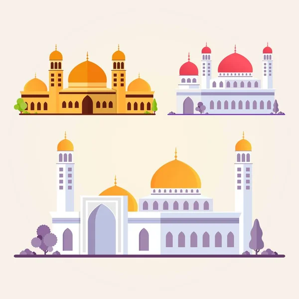 Set Islamic Mosque Building Flat Vector Illustration — Stock Vector