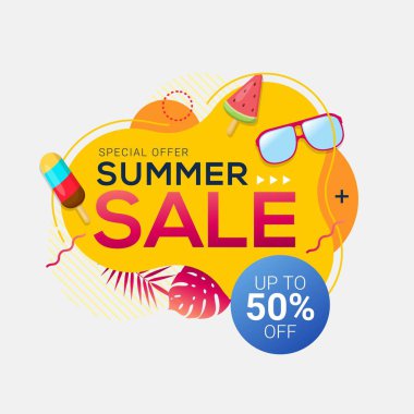 Yaz satış soyut geometrik afiş şablonu. Mevsimlik tasarımınız için promosyon rozeti. Vektör çizimi