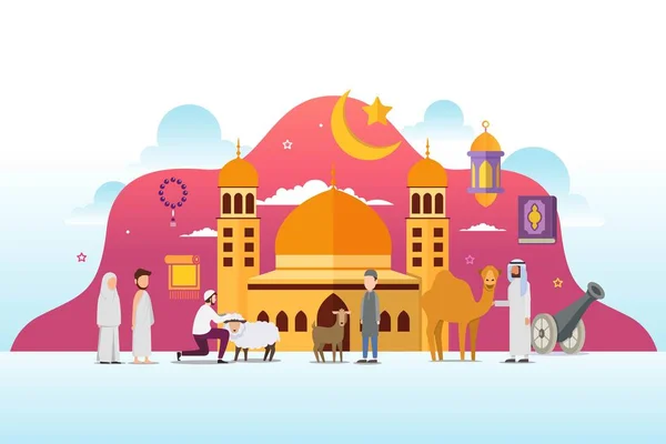 Eid Adha Mubarak Mit Winzigen Menschen Charakter Design Konzept Hajj — Stockvektor