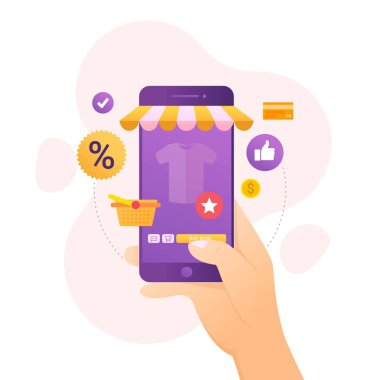 Mobil aygıt vektör illüstrasyonunda çevrimiçi alışveriş tasarımı kavramı