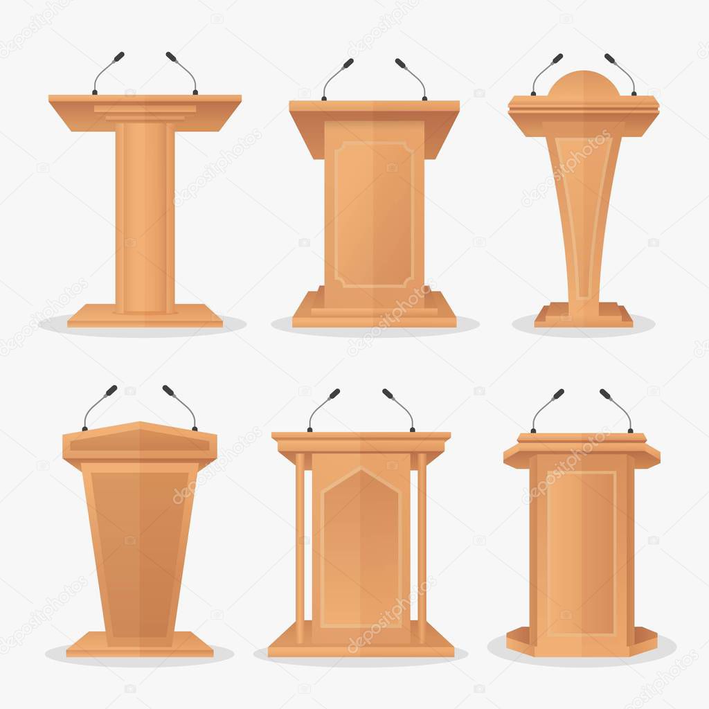 Vector set Wooden podium tribune with microphones