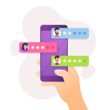 Müşteri memnuniyeti için geri bildirim ve inceleme konsepti. Kullanıcı deneyimi oy inceleme sonuçları verir