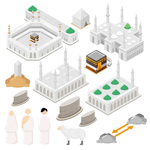 Hajj Isometrische Vector Illustratie Set Voor Infografische Elementen Van Bedevaart — Stockvector