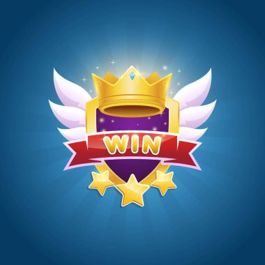 Parlak taç ve yıldız ödül vektörü illüstrasyonlu oyun galibi rozet tasarımı