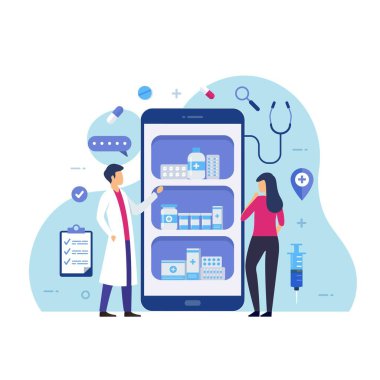 Çevrimiçi eczane tasarımı. İnternet vektör illüstrasyonuyla ilaç satın al