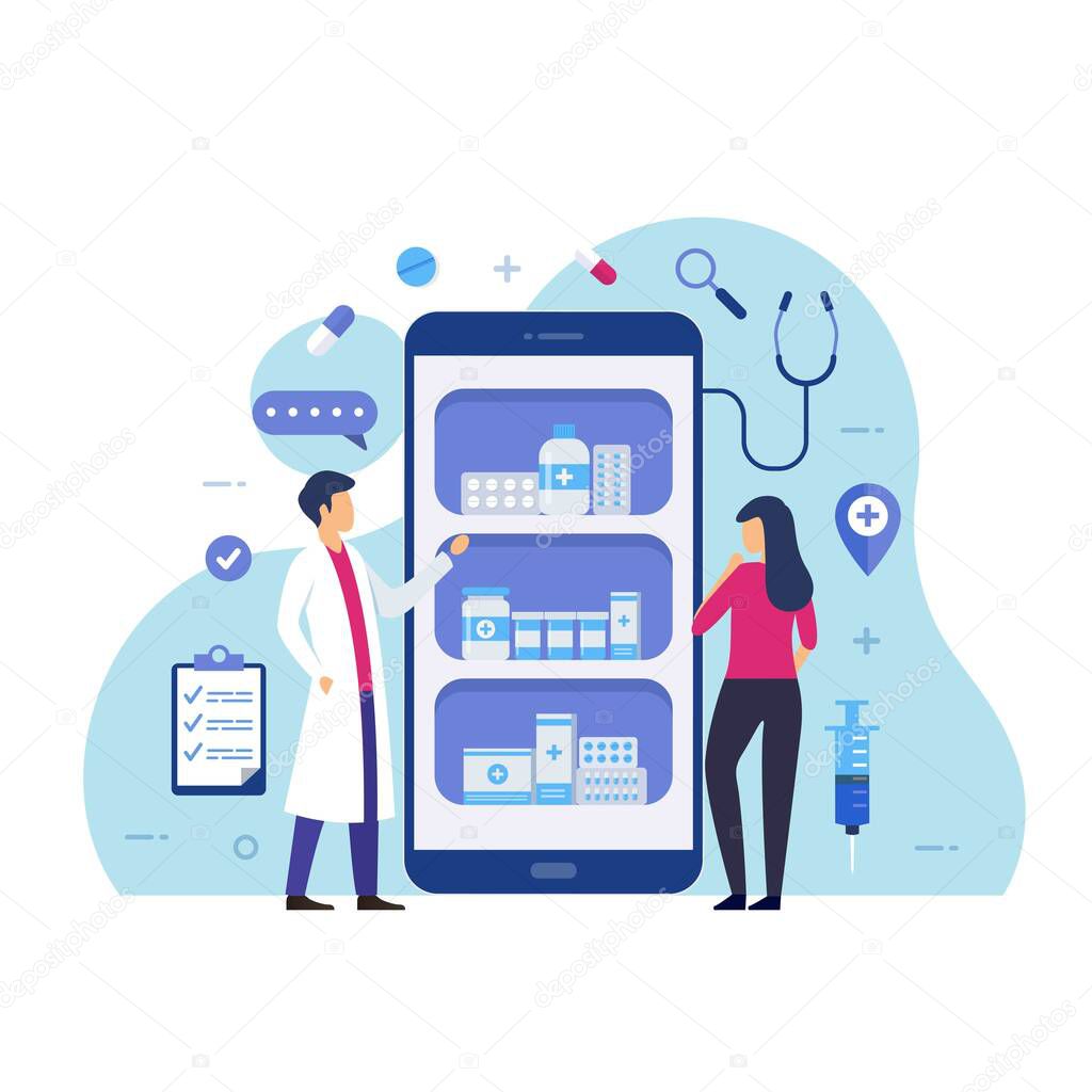 Online pharmacy design concept. Buy medicine through online vector illustration