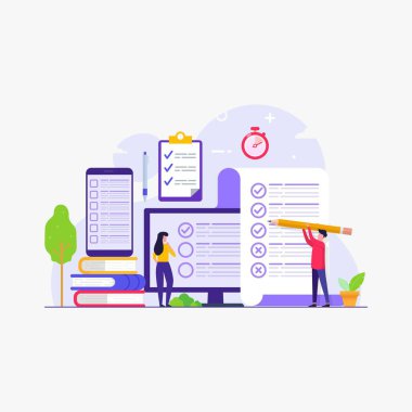 Cevap veren insanlarla çevrimiçi sınav ve sınav, online eğitim, internet sınavı. Yanıtlanmış sınav listesi ve başarı sonucu olan sınav kağıdı.