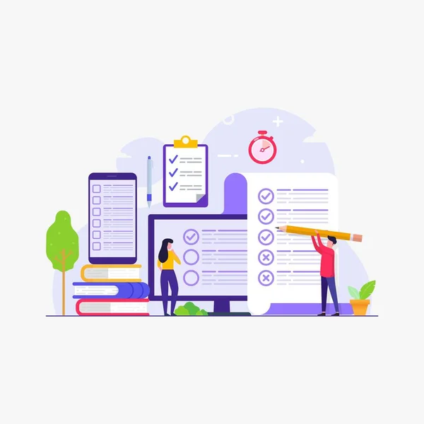 Online Test Och Examen Med Människor Som Fyller Svar Online — Stock vektor