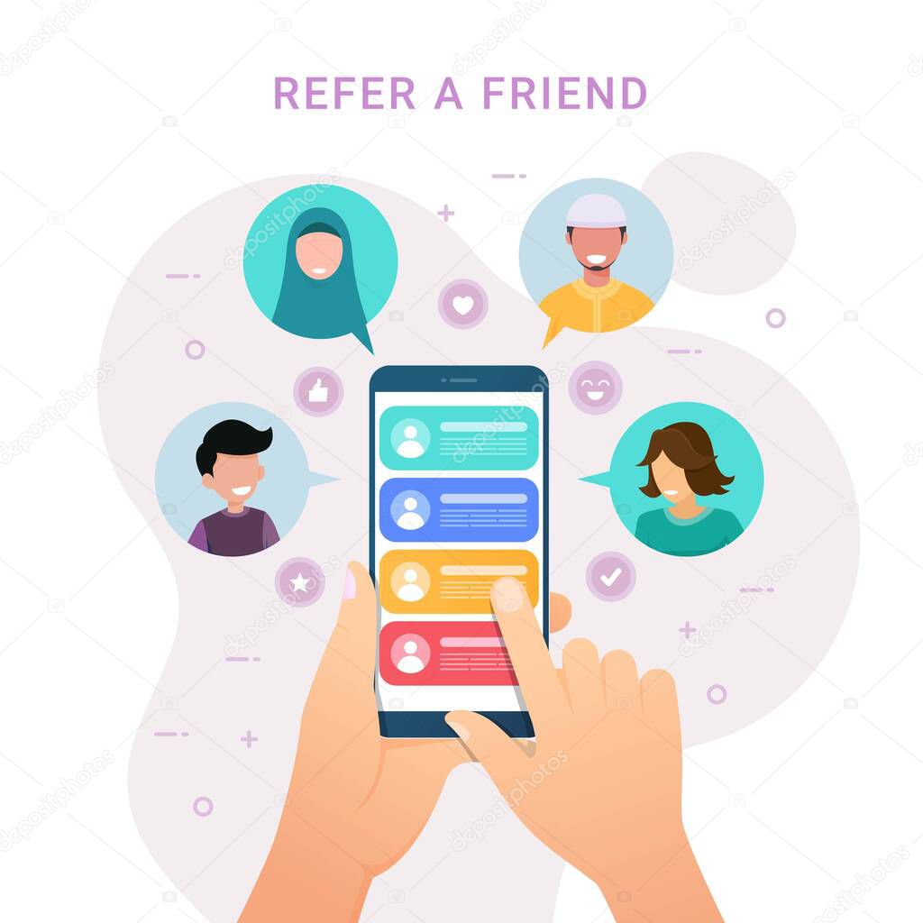 Hands holding phone with contacts for Refer a friend design concept. Social media marketing for friends vector illustration